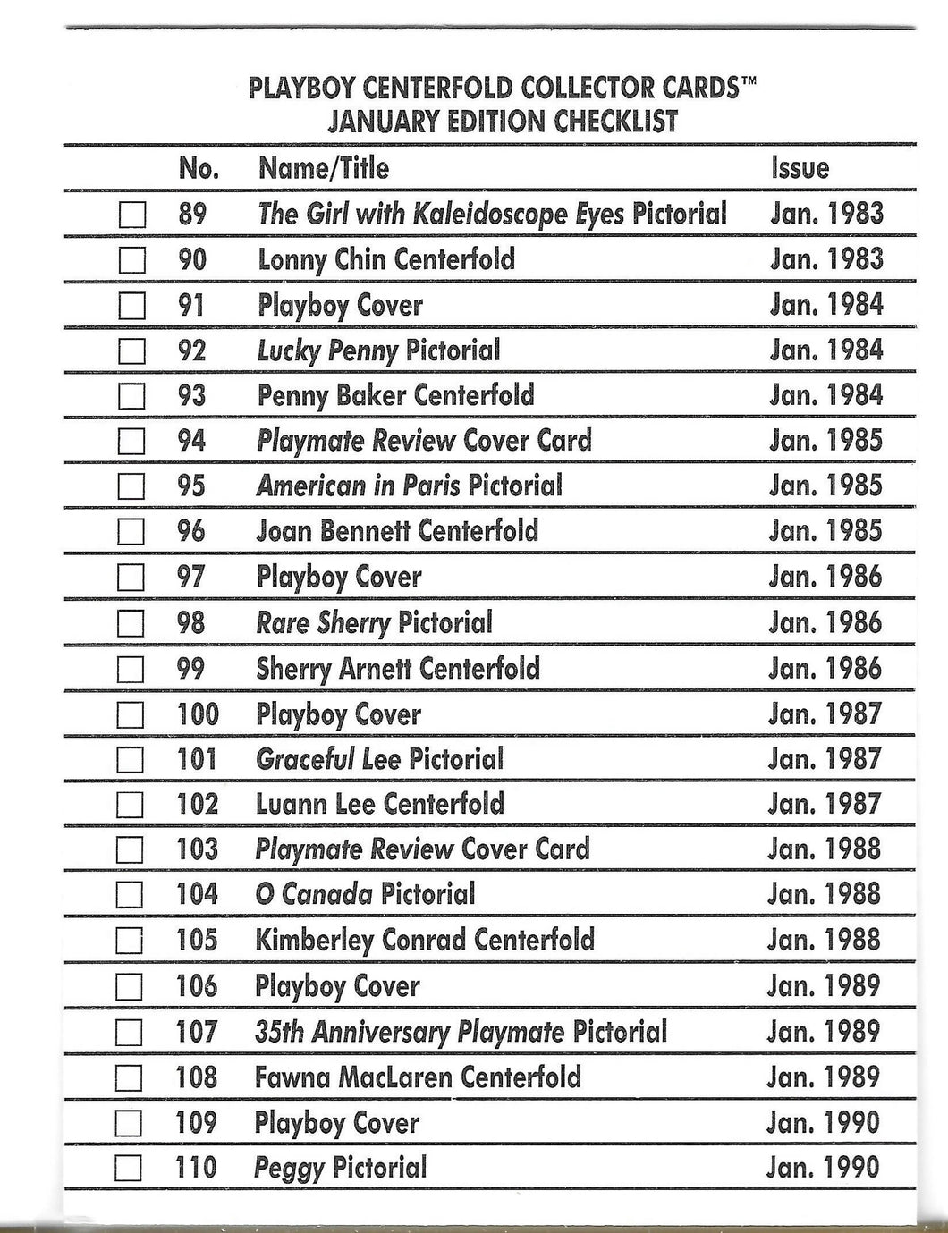 Playboy January Edition Checklist Card #3CK