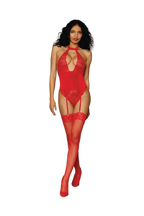 Stretch Lace & Velvet Garter Teddy Lipstick Red