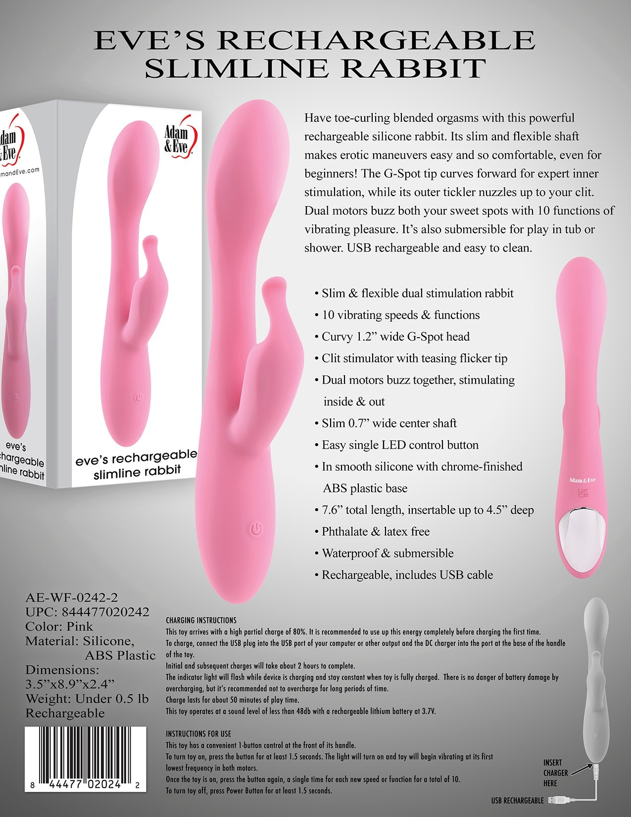 Adam & Eve Eves Rechargeable Slimline Rabbit