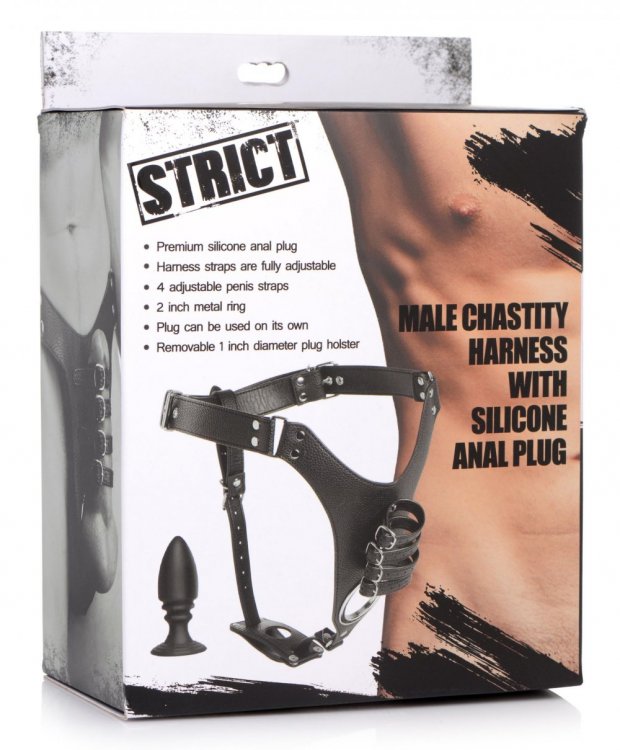 Strict Male Chastity Harness W- Silicone Anal Plug
