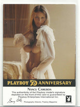 Load image into Gallery viewer, Playboy 50th Anniversary Nancy Cameron Gold Foil Autograph Card
