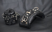 Load image into Gallery viewer, Bondage Padded Wrist Restraints with roller buckle and D ring - Black Leather - BDSM
